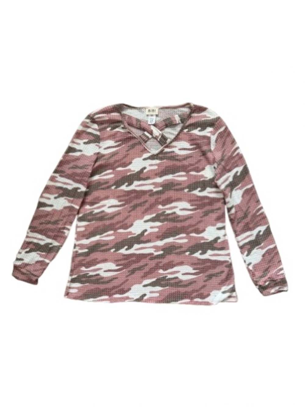 142 BiBi Camo Print Waffle Knit Criss Cross Neck Long Sleeve Top